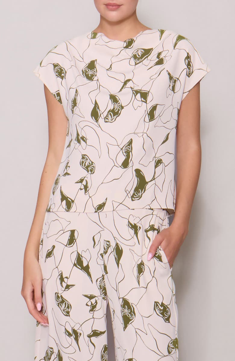 MELLODAY Luxe Crepe Short Sleeve Top, Main, color, Bone Olive Abstract