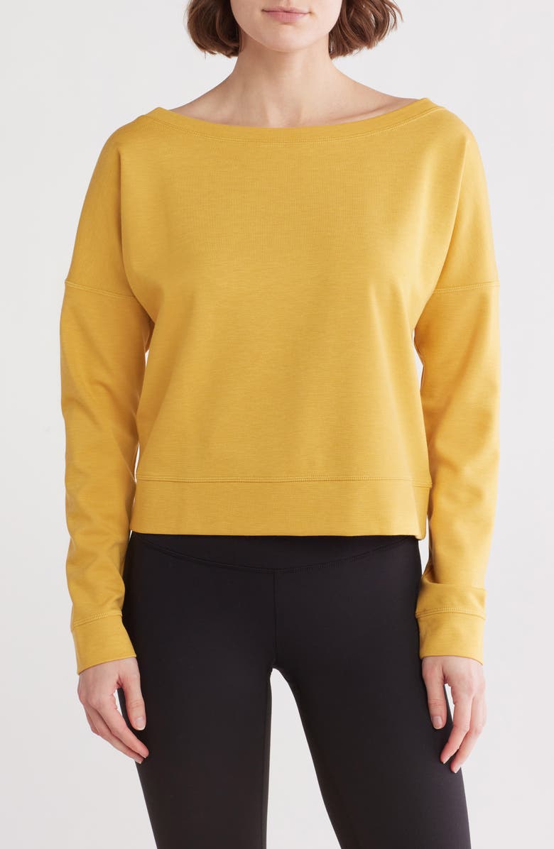 TravisMathew Portugal Boat Neck Sweatshirt, Main, color, Heather Bright Gold