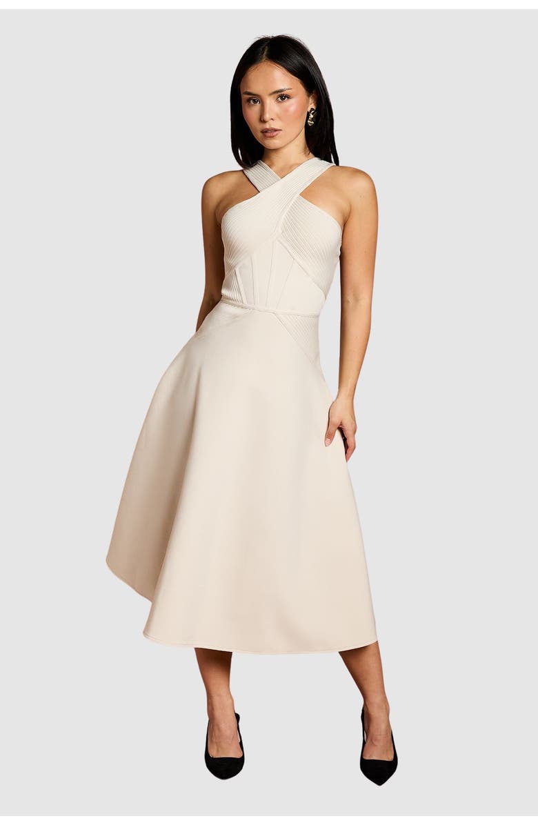 Coast Petite Bandage Cross Neck Midi Dress, Main, color, Stone