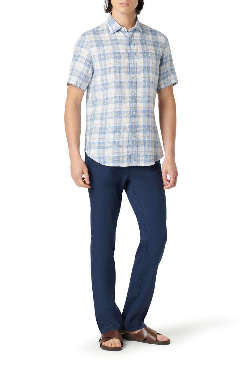 Bugatchi Orson Shaped Fit Short Sleeve Linen Button-Up Shirt, Alternate, color, Classic Blue