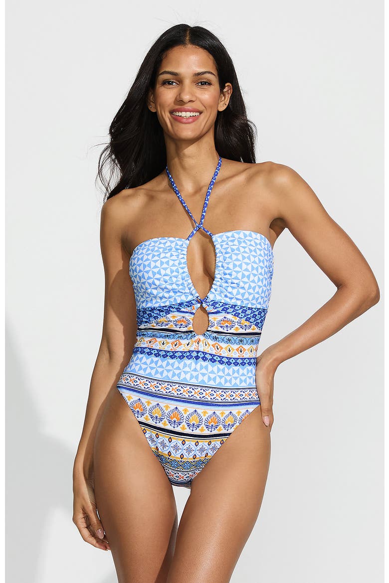 Ruched Multi-Way V-Neck Halter High Leg One Piece Swimsuit, Alternate, color, White Mosaic Multi Stripe