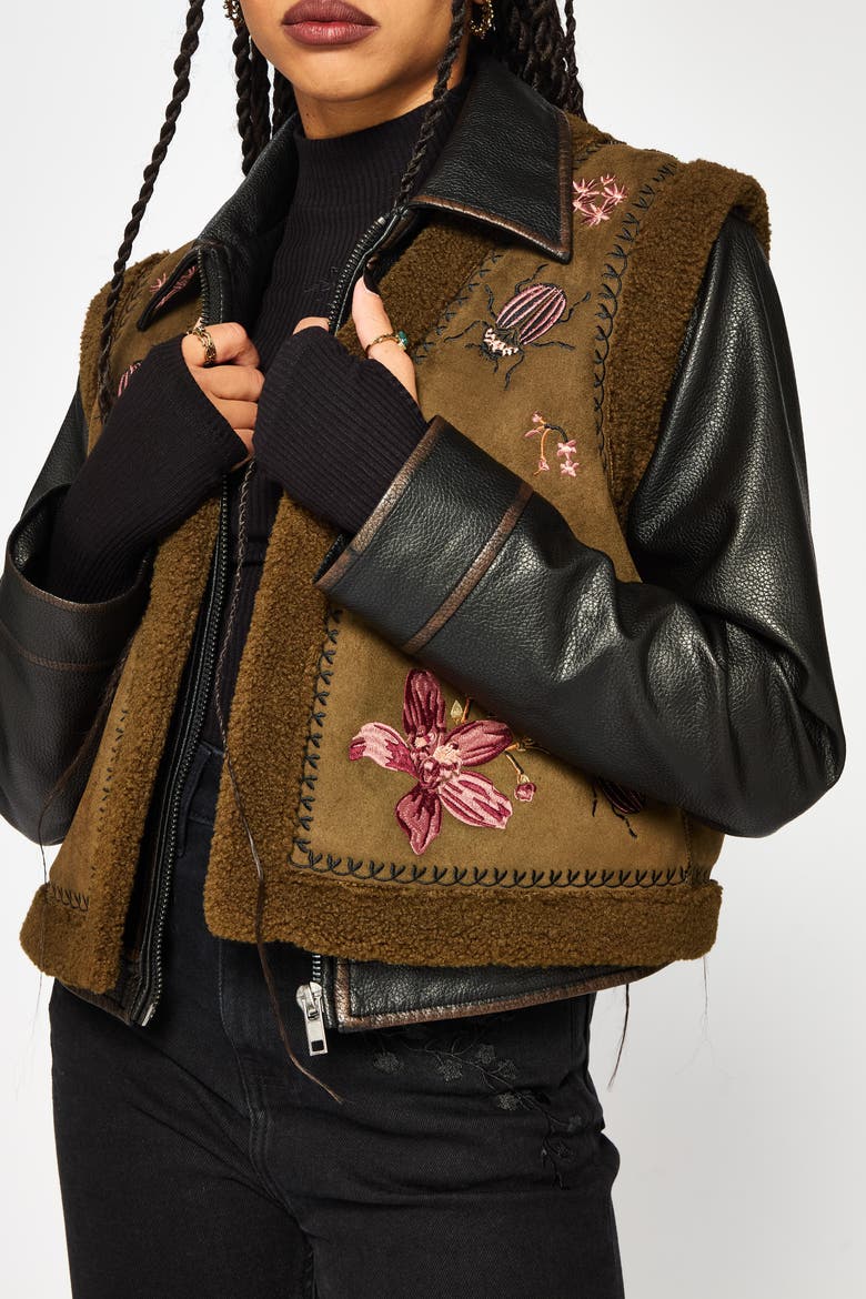 Sylvara Borg Embroidered Bug Gilet, Alternate, color, Brown