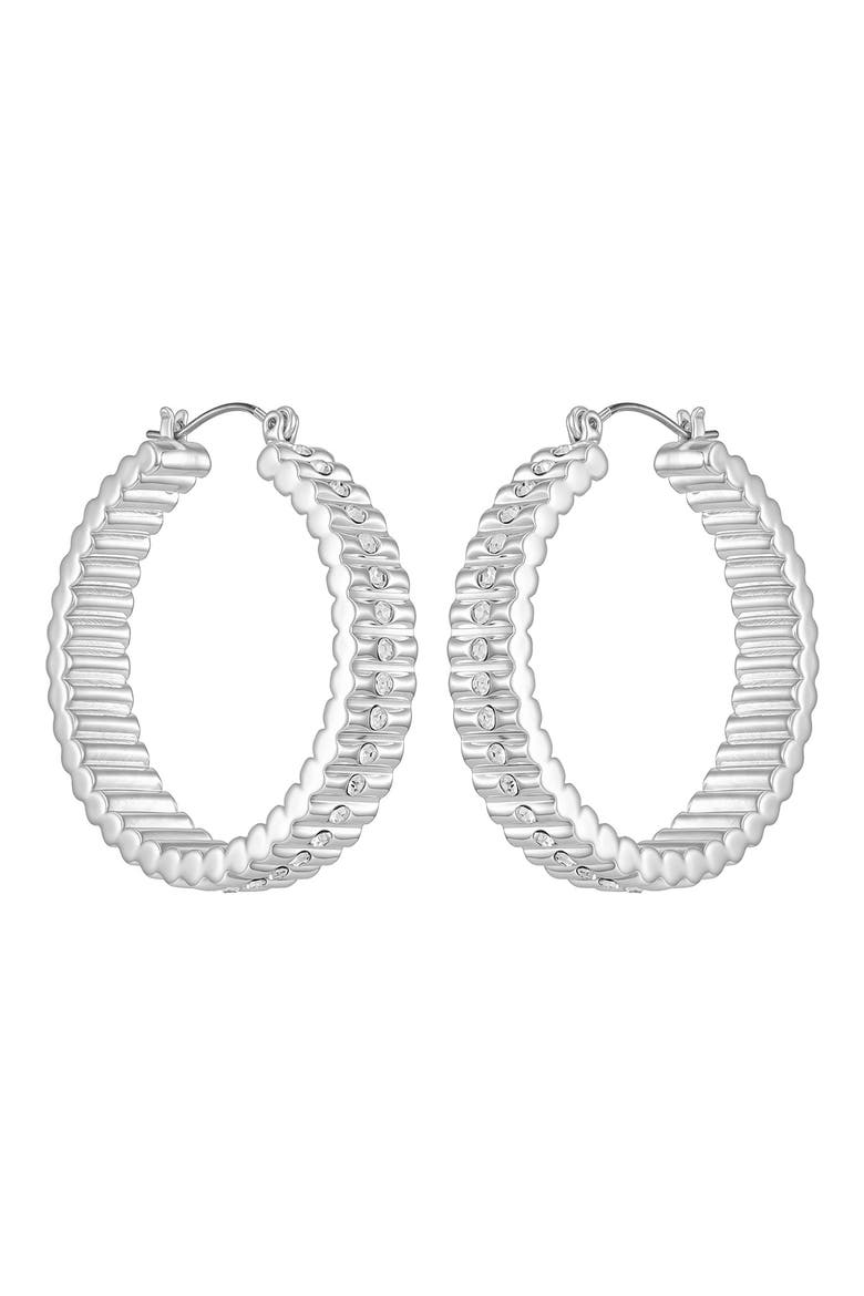 Pavé Crystal Ribbed Hoop Earrings, Main, color, SILVER TONE