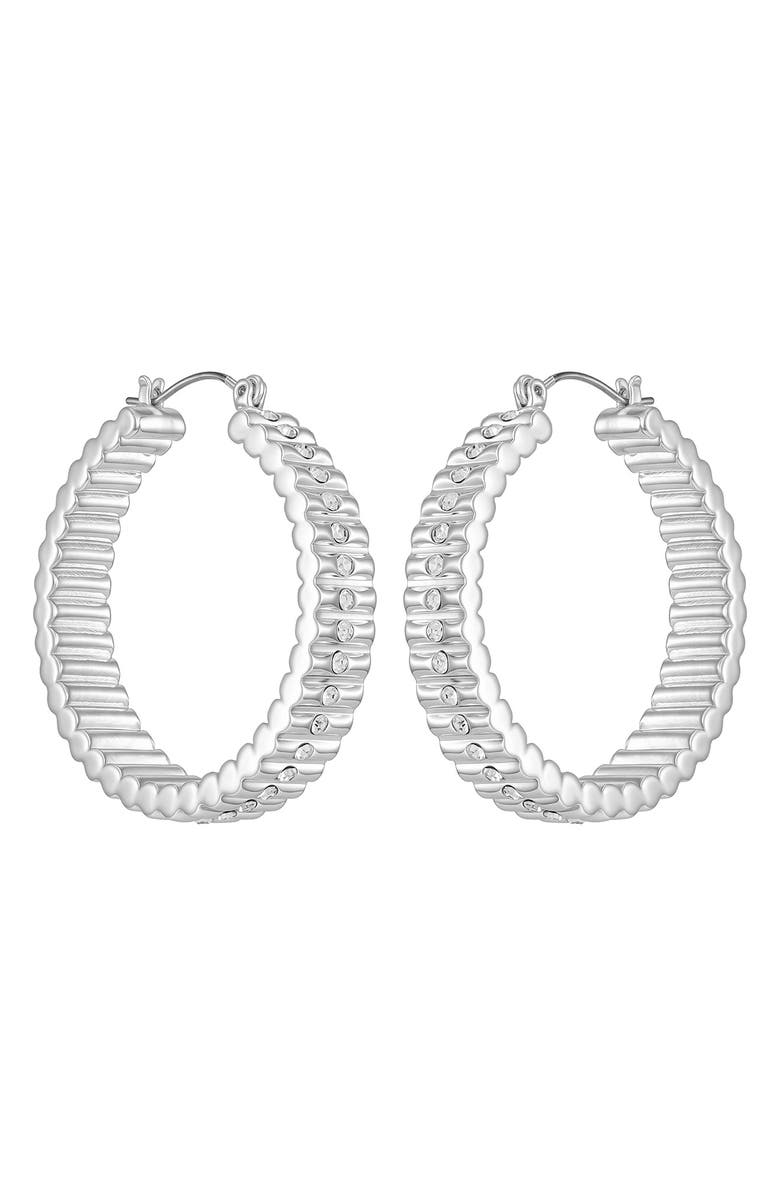 Vince Camuto Pavé Crystal Ribbed Hoop Earrings, Main, color, Silver Tone