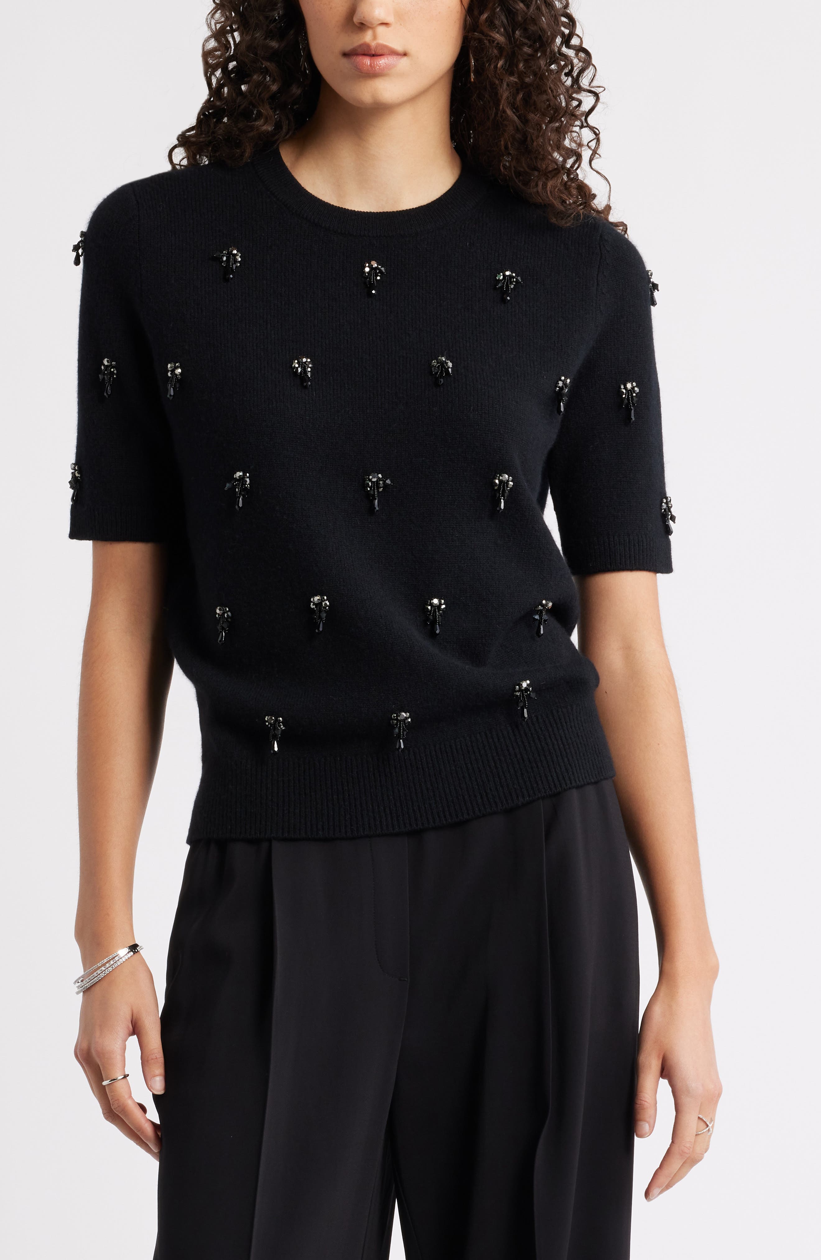 Nordstrom Embellished Short Sleeve Wool & Cashmere Sweater