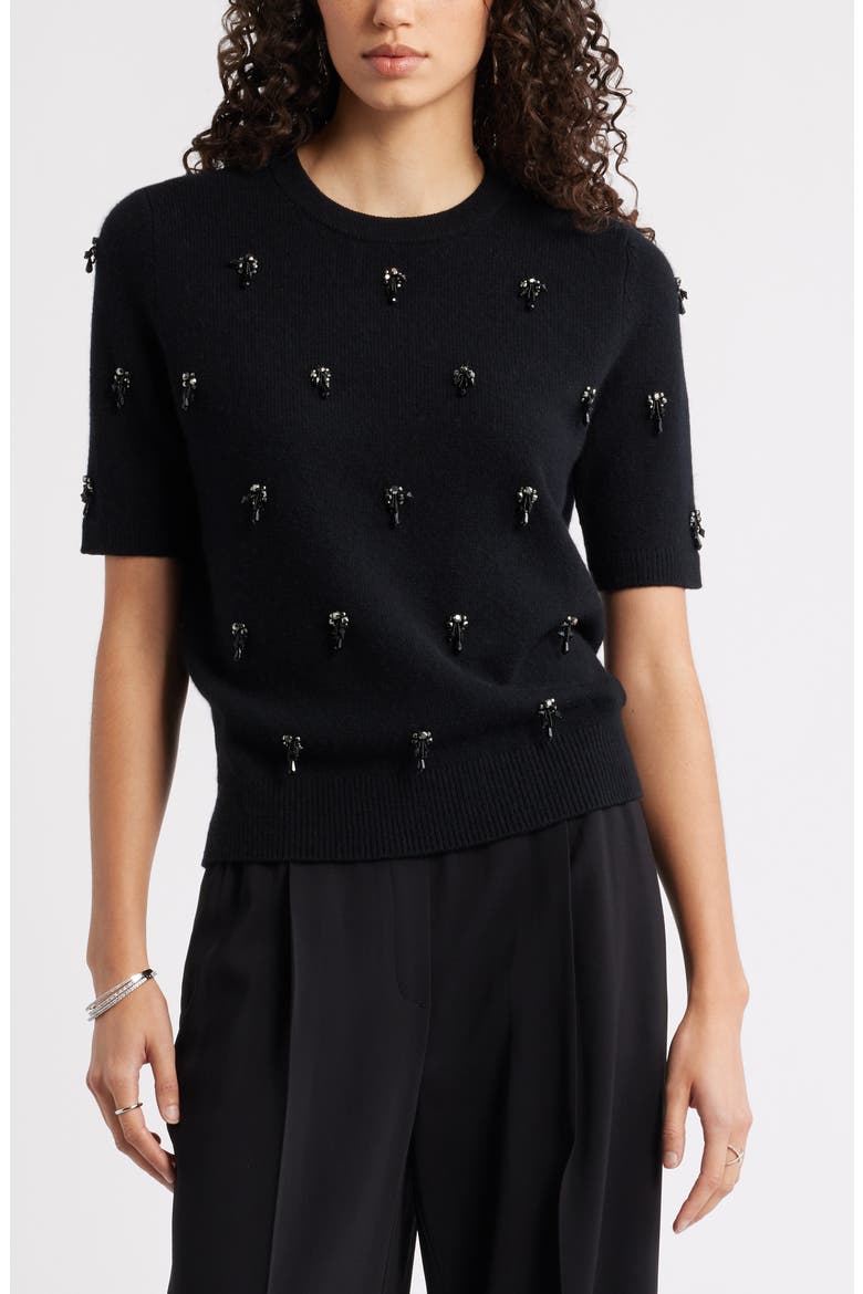 Embellished Short Sleeve Wool & Cashmere Sweater, Main, color, BLACK ROCK EMBELLISHED