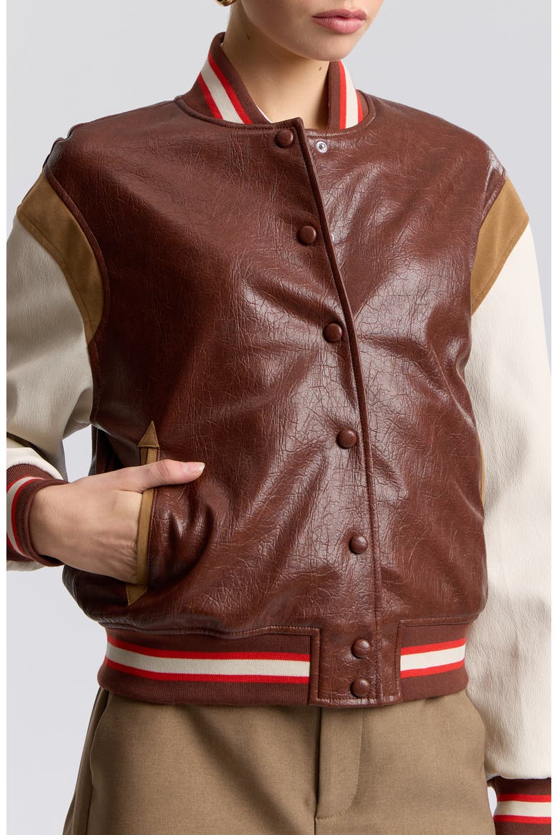 Faux Leather Varsity Bomber Jacket, Alternate, color, VARSITY RED MULTI