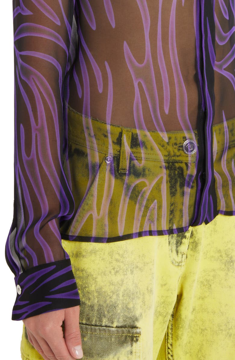 Versace Sheer Zebra Stripe Silk Chiffon Button-Up Shirt, Alternate, color,