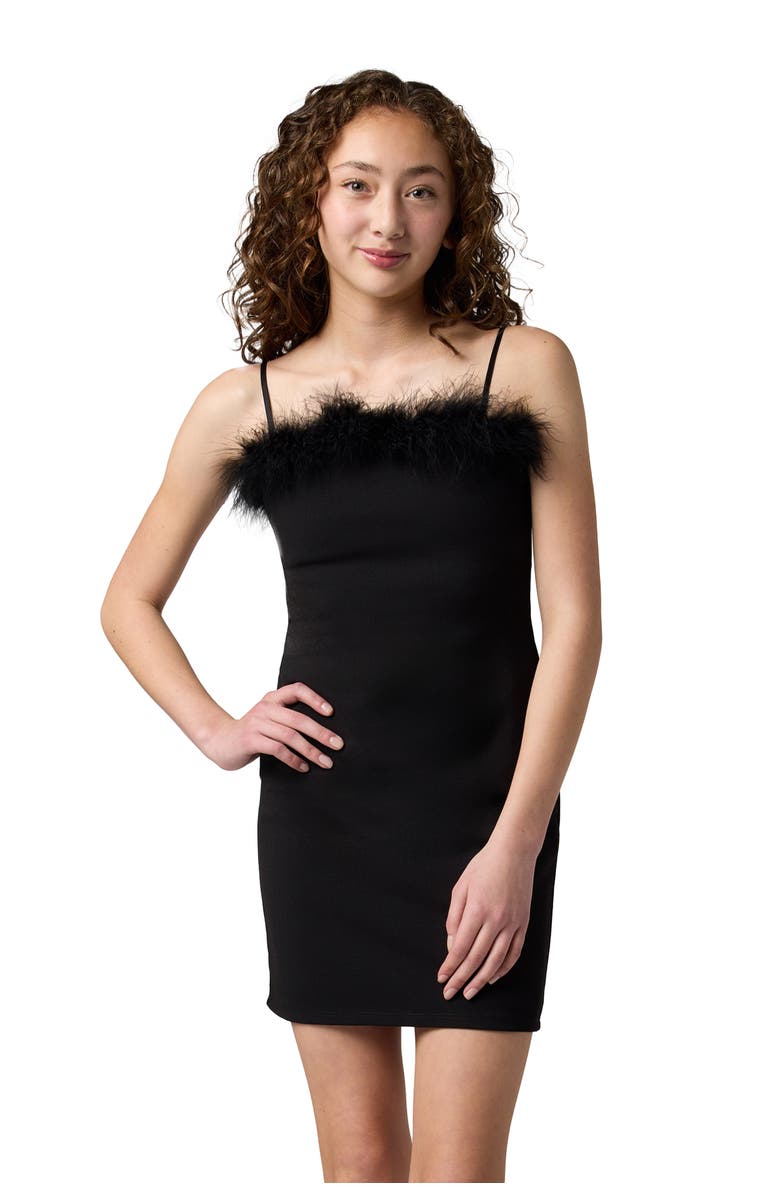 Un Deux Trois Thin Strap Mini Feather Dress, Main, color, Black