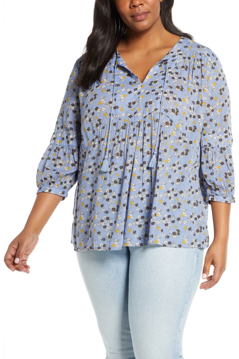 Split Neck Print Blouse, Main, color, BLUE DESERT BLOOM TINY PRINT