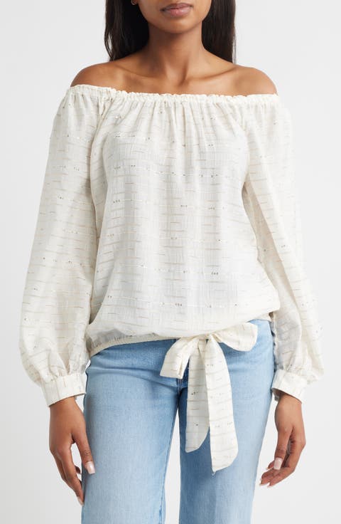 売れ筋商品|||ヴィンスカムート カットソー トップス レディース Women's Printed Linen-Blend Off-The-Shoulder Bubble-Sleeve Top Ocean Tide Women's Vince Camuto Off the Shoulder Tops | Nordstrom