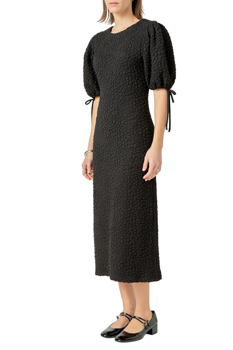 Textured Puff Sleeve Midi Dress, Alternate, color, BLACK