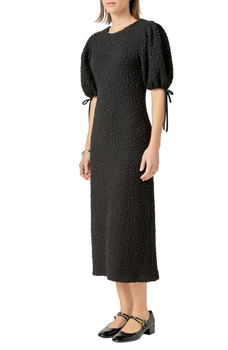 English Factory Textured Puff Sleeve Midi Dress, Alternate, color, Black