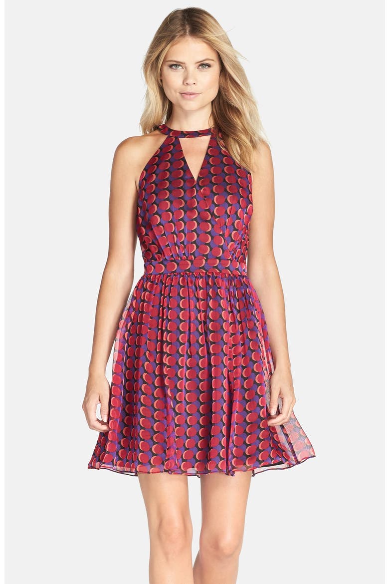 Adelyn Rae Cage Back Chiffon Fit & Flare Dress, Main, color, MAGENTA