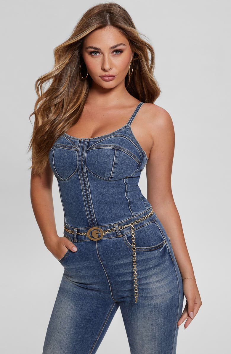 GUESS Chain Belt Denim Jumpsuit, Alternate, color,