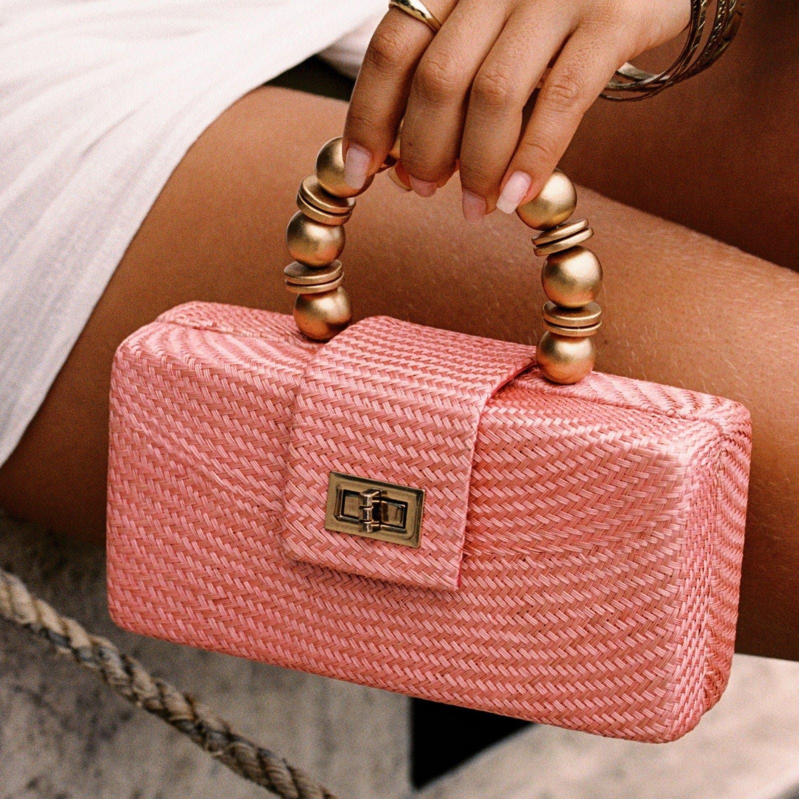 THE SERENA Woven Straw Clutch Bag, Alternate, color, Light Pink