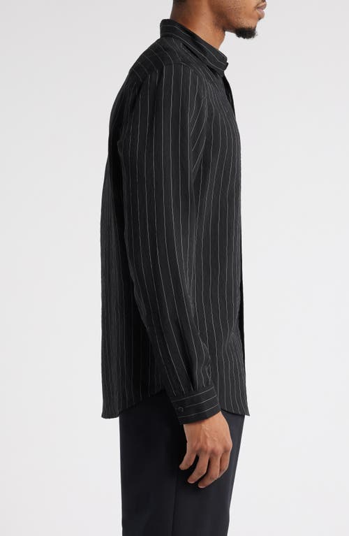 Open Edit Textured Pinstripe Button-up Shirt In Black- White Spaced Pinstripe