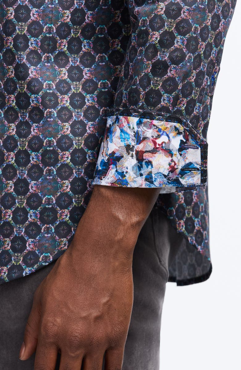 Robert Graham Bramston Mosaic Print Stretch Cotton Button-Up Shirt, Alternate, color, Black