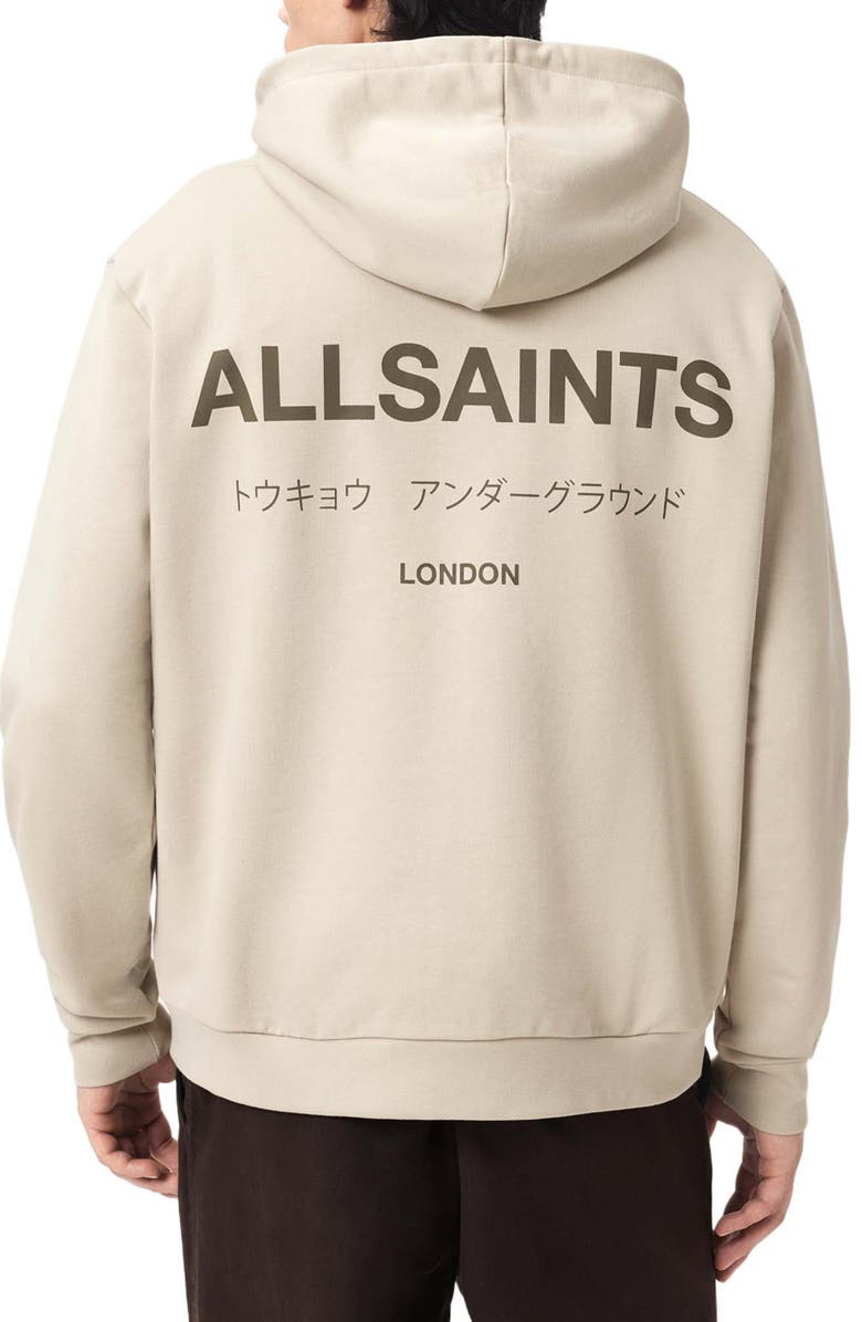 AllSaints Underground Logo Graphic Hoodie, Alternate, color, Sandstone Taupe