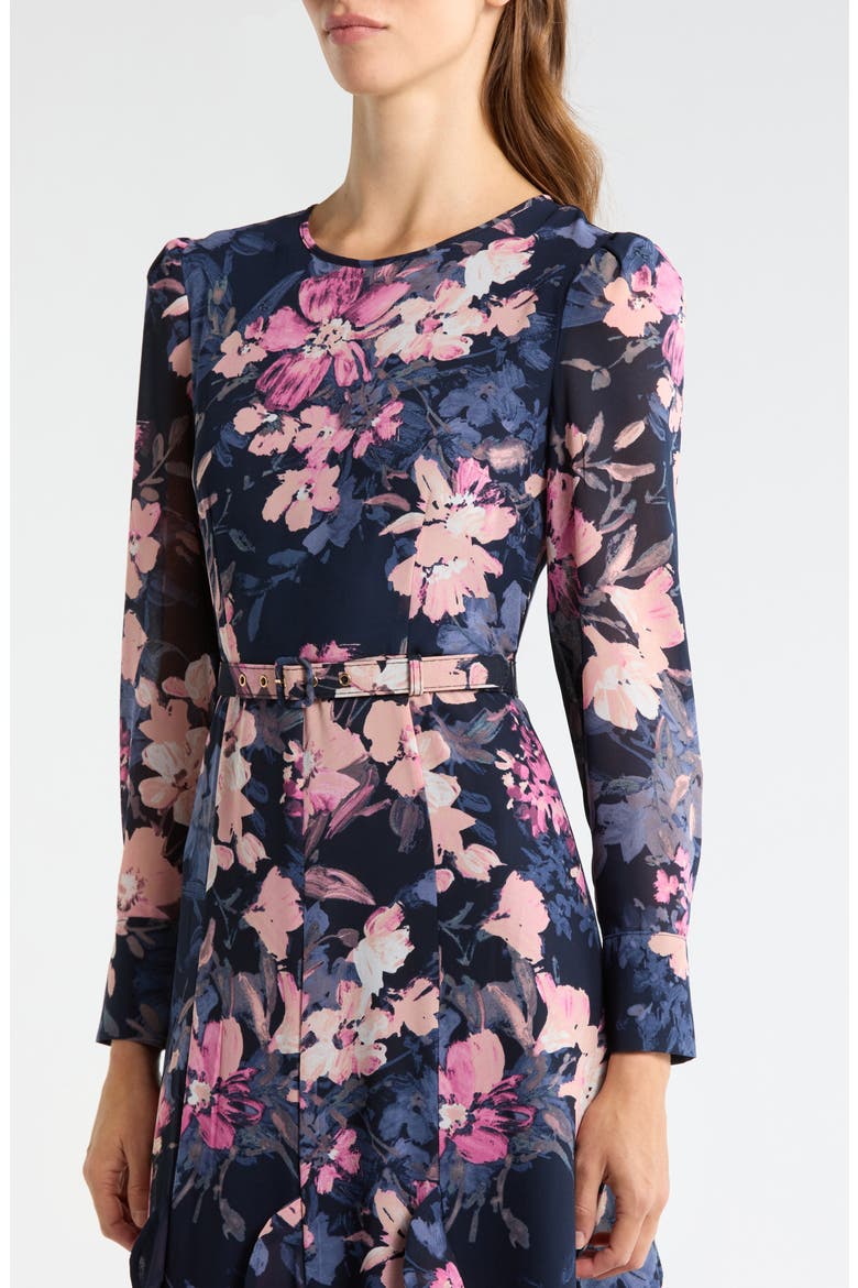 Floral Belted Ruffle Hem Midi Dress, Alternate, color, NAVY PERI FLORAL