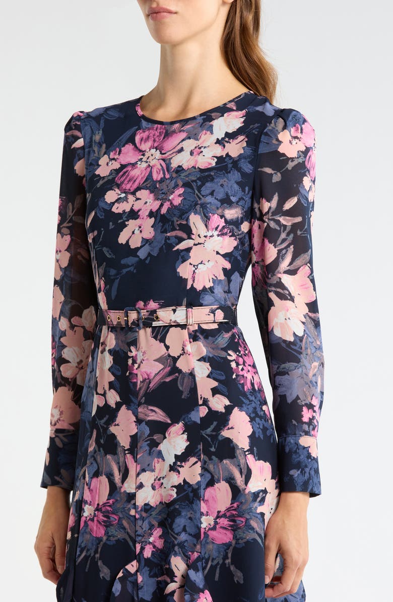 Tahari ASL Floral Belted Ruffle Hem Midi Dress, Alternate, color, Navy Peri Floral