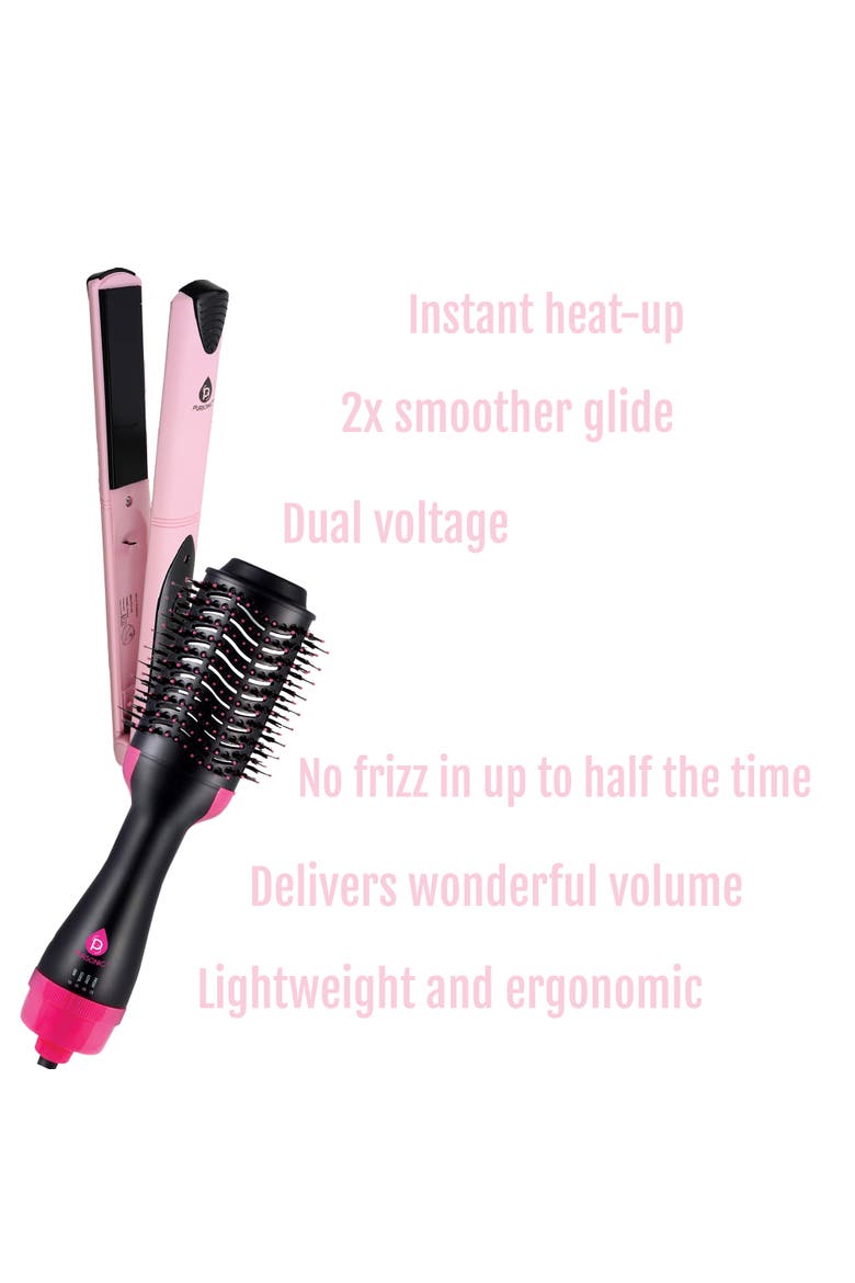 Hair Styling Power Bundle Hair Dryer & Volumizer Brush + Flat Iron Hair Straightener With Free Travel Straightener, Alternate, color, Pink