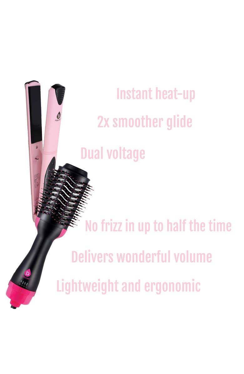 PURSONIC Hair Styling Power Bundle Hair Dryer & Volumizer Brush + Flat Iron Hair Straightener With Free Travel Straightener, Alternate, color, Pink
