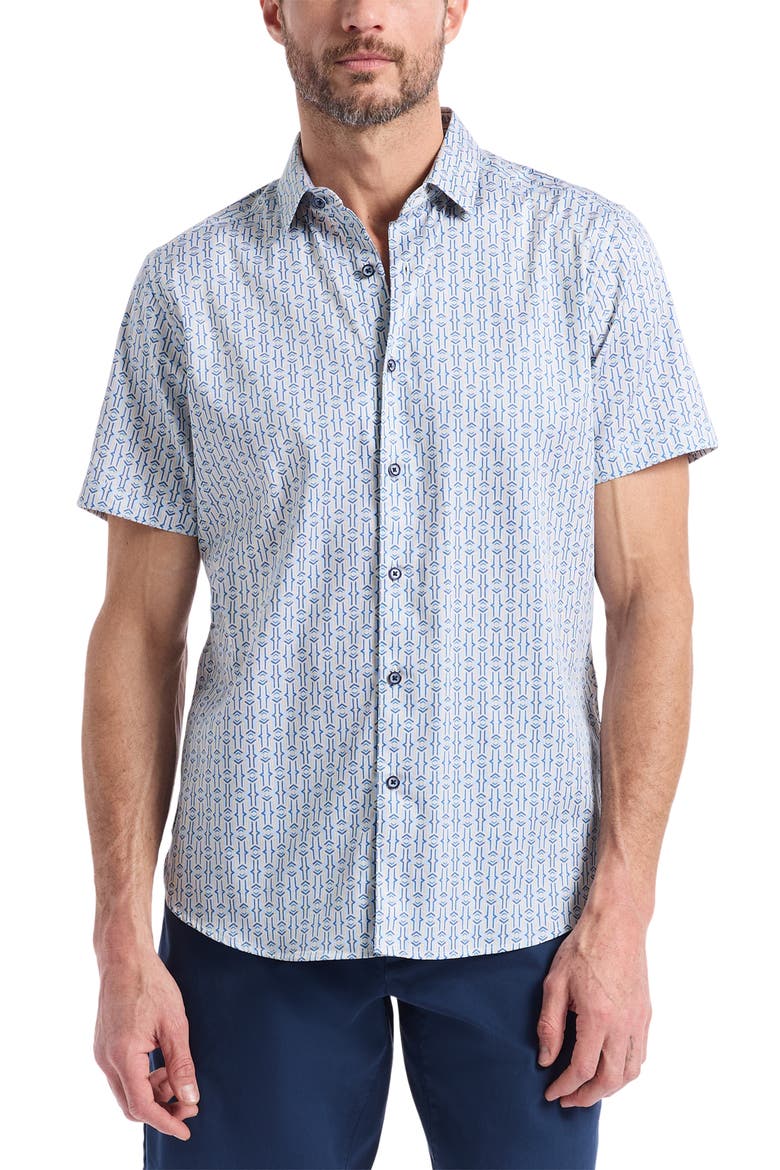 Napier Short Sleeve Stretch Cotton Button-Up Shirt, Main, color, BLUE MULTI