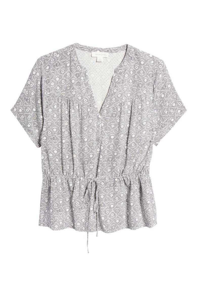 Floral Drawstring Waist Top, Alternate, color, GREY- IVORY DAISYFOULARD