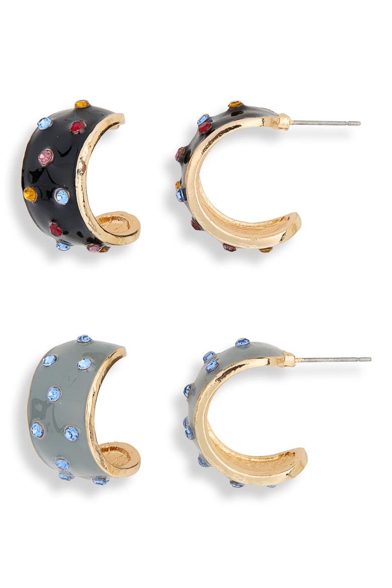 Set of 2 Enamel & Crystal Hoop Earrings, Main, color, BLACK-GREY