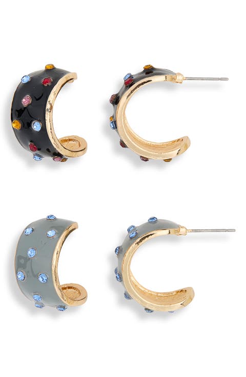 Set of 2 Enamel & Crystal Hoop Earrings