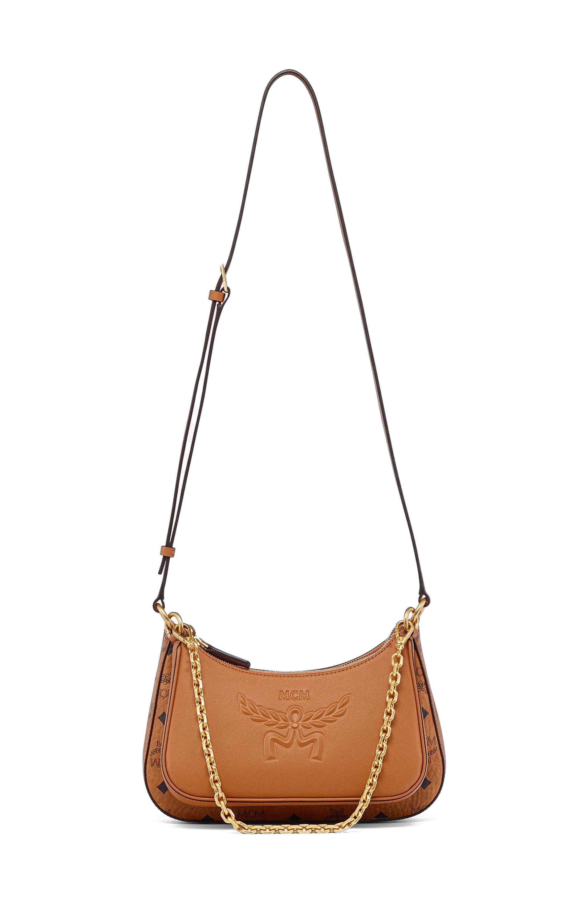 MCM Aren Duo Hobo in Visetos, Alternate, color, Cognac