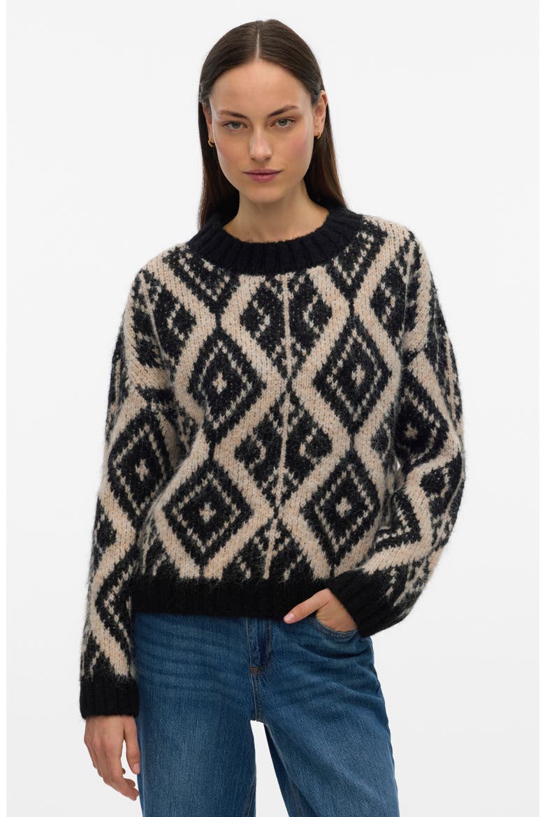Fabienna Diamond Jacquard Crewneck Sweater, Alternate, color, BLACK DETAIL W BIRC
