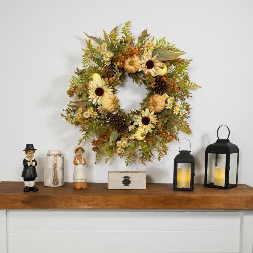 Northlight Sunflowers And Pumpkins Artificial Fall Harvest Wreath In White