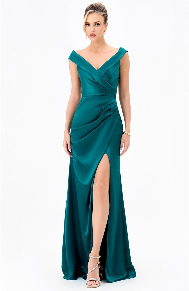 Bariano Aliana Off Shoulder Gown, Main, color, Teal