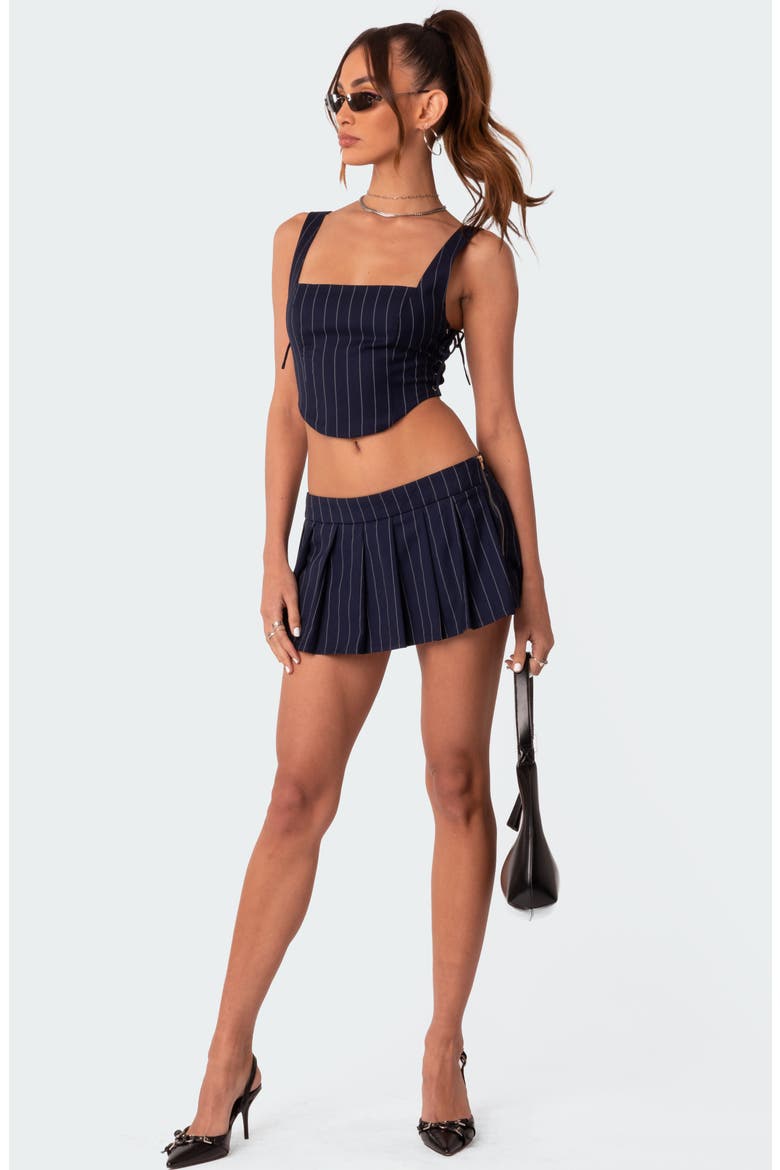 Pinstripe Pleated Low Rise Miniskirt, Alternate, color, NAVY