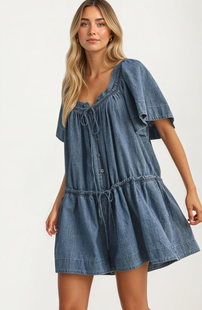 Knit and Lounge Flutter Sleeve Cinched Waist Denim Romper, Alternate, color, 