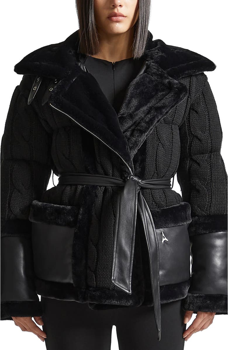 Manière De Voir Tara Knit and Plush Puffer Biker Jacket, Alternate, color, Black