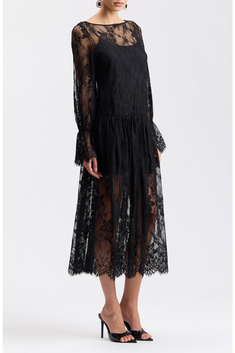 Lace Long Sleeve Drop Waist Midi Dress, Alternate, color, BLACK