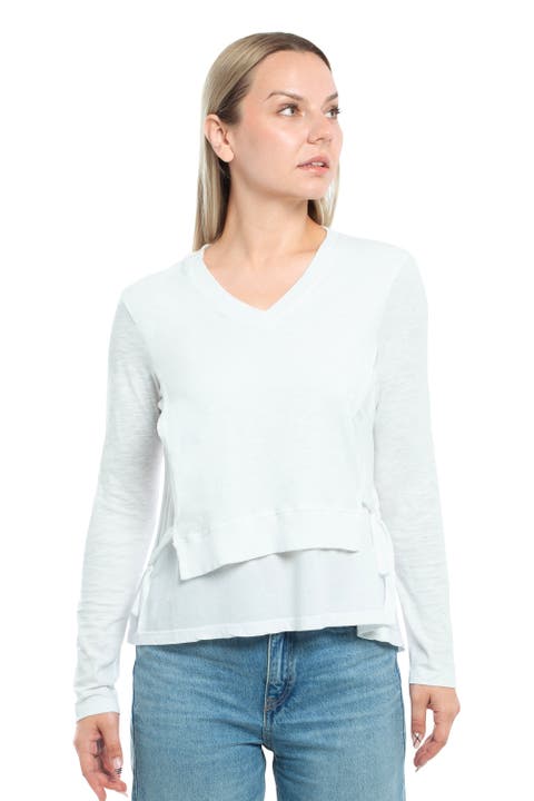 Mixed Media Double Layer Effect V-Neck Tee