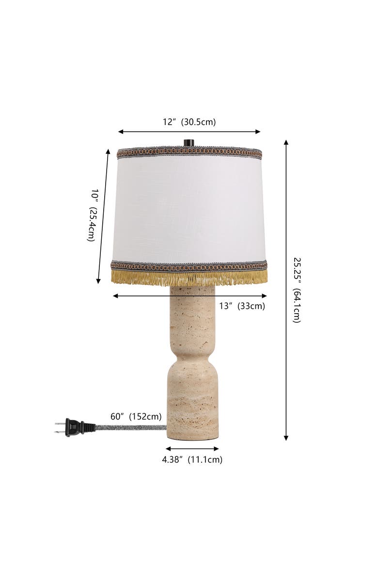 Lacy Organic Modern Sculptural Hourglass Travertine Stone with Fringed Drum Shade LED Table Lamp, Alternate, color, Natural Beige Marble