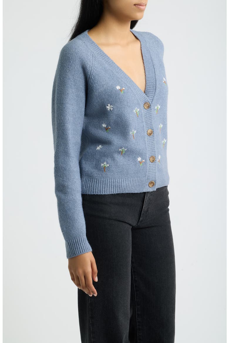 Embroidered Floral V-Neck Cardigan, Alternate, color, DUSTY BLUE/ WHITE