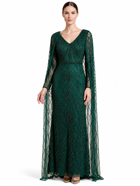 V-Neck Beaded Dress with Long Cape