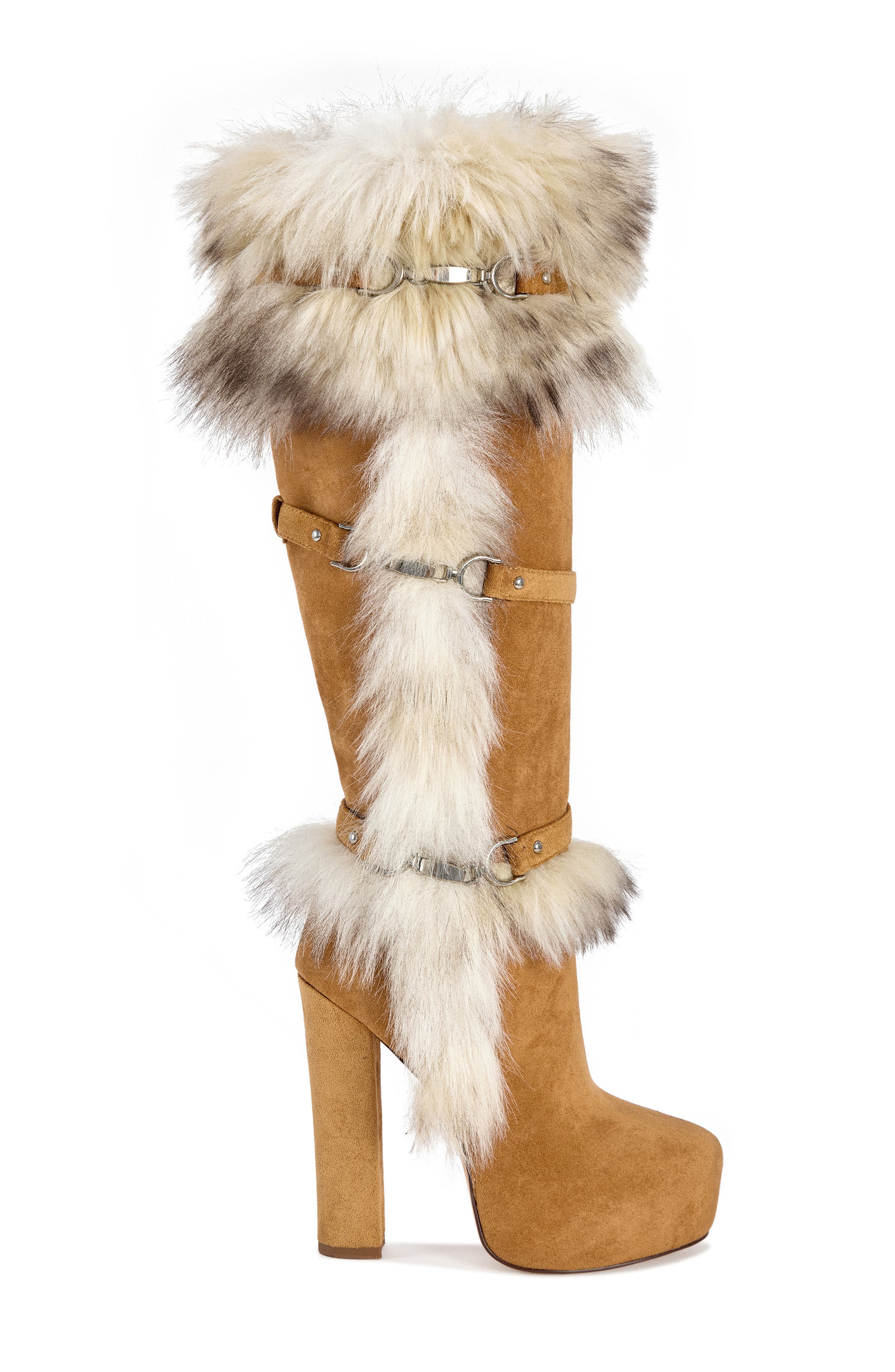 Rylan Faux Leather Knee High Boot with Faux Fur Trim, Alternate, color, CAMEL