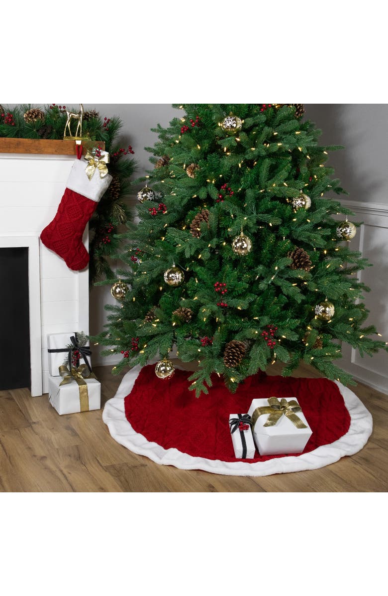 Northlight Cable Knit Christmas Tree Skirt - 48" - Red and White, Alternate, color, Red
