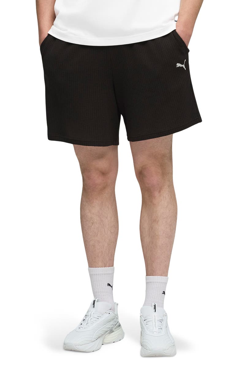 PUMA Wardrobe Essentials Relaxed Waffle Knit Shorts, Main, color, Puma Black
