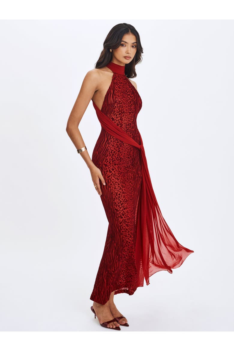 Cerise Burnout Velvet Multiwear Mesh Ribbon Maxi Dress, Alternate, color, Scarlet