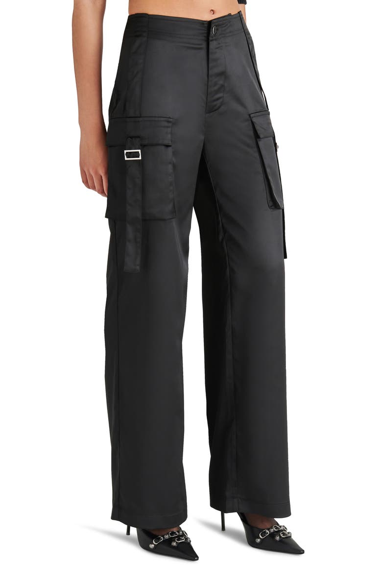 Steve Madden Ace Wide Leg Satin Cargo Pants, Alternate, color, Black