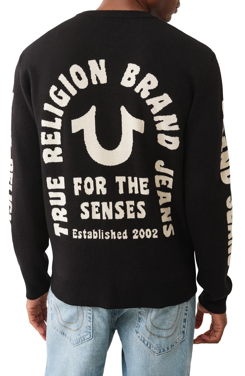 True Religion Logo Crewneck Sweater, Alternate, color, Black
