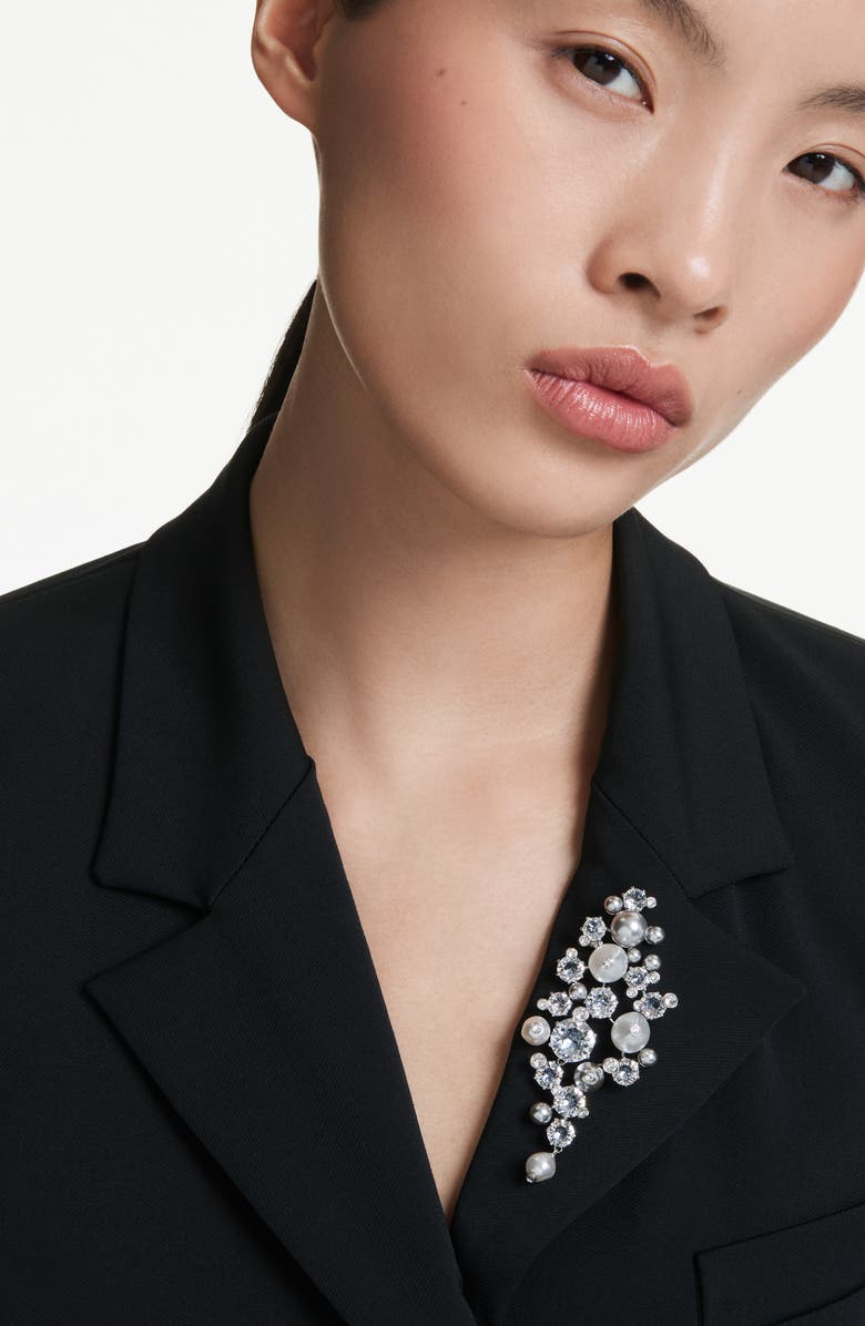Swarovski Constella Crystal & Faux Pearl Brooch, Alternate, color, Rhodium/ Crystal